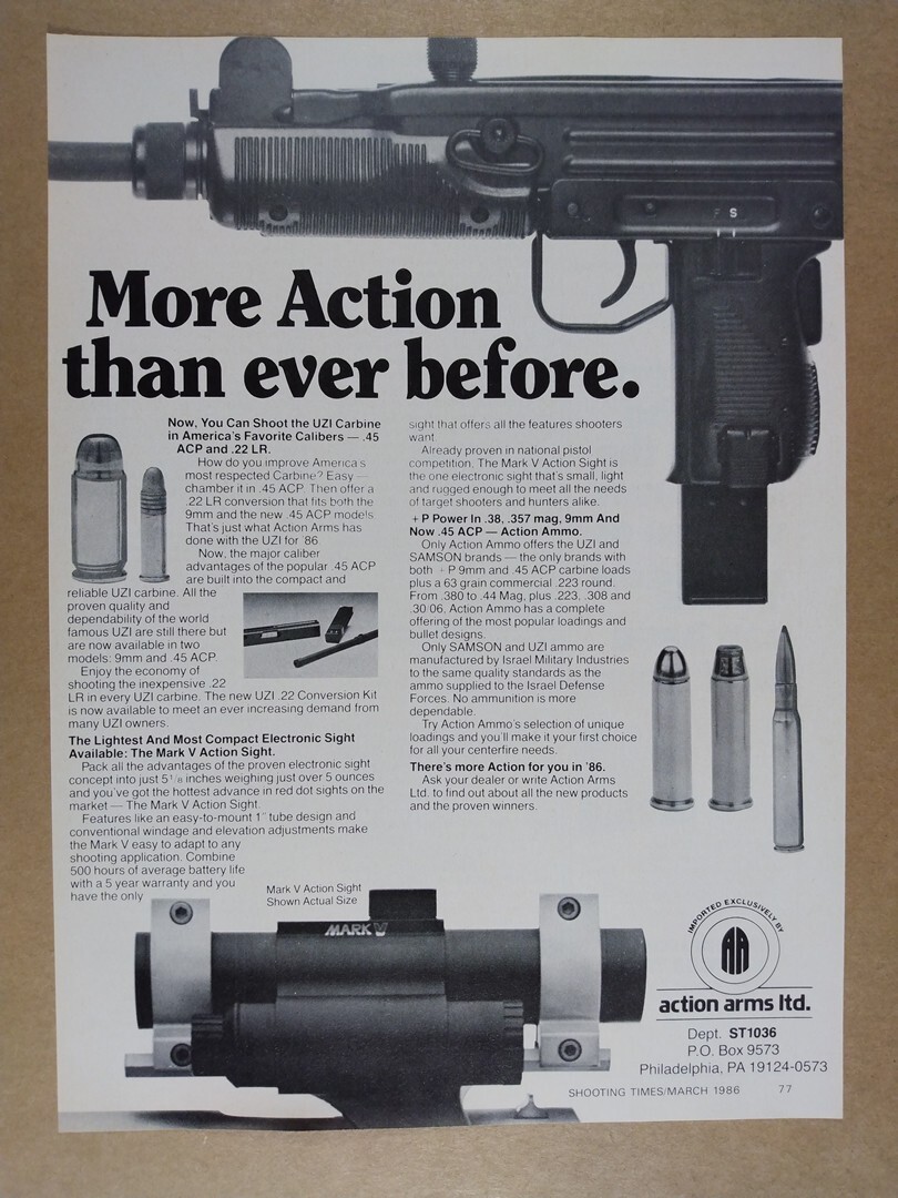 1986 UZI .45 ACP Carbine Action Arms vintage print Ad