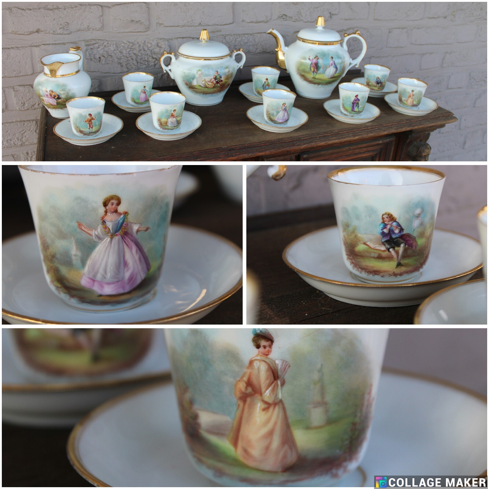 French 8 person coffee tea porcelain service portrait figural decor rare set French 8 person coffee tea porcelain service portrait figural decor rare set