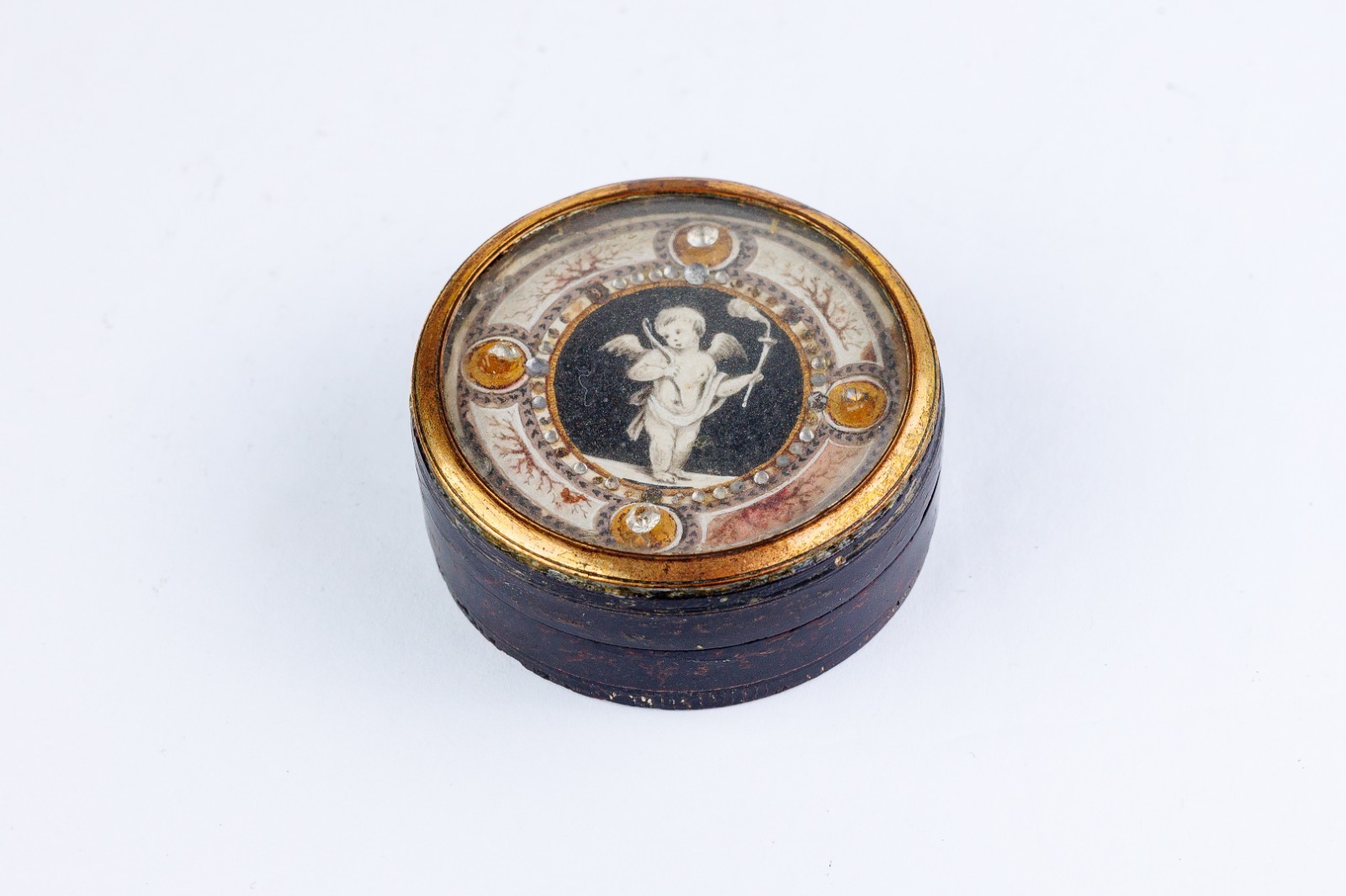 Antique French/Italian Presentation Box With Grisaille Cupid Miniature & Jeweled