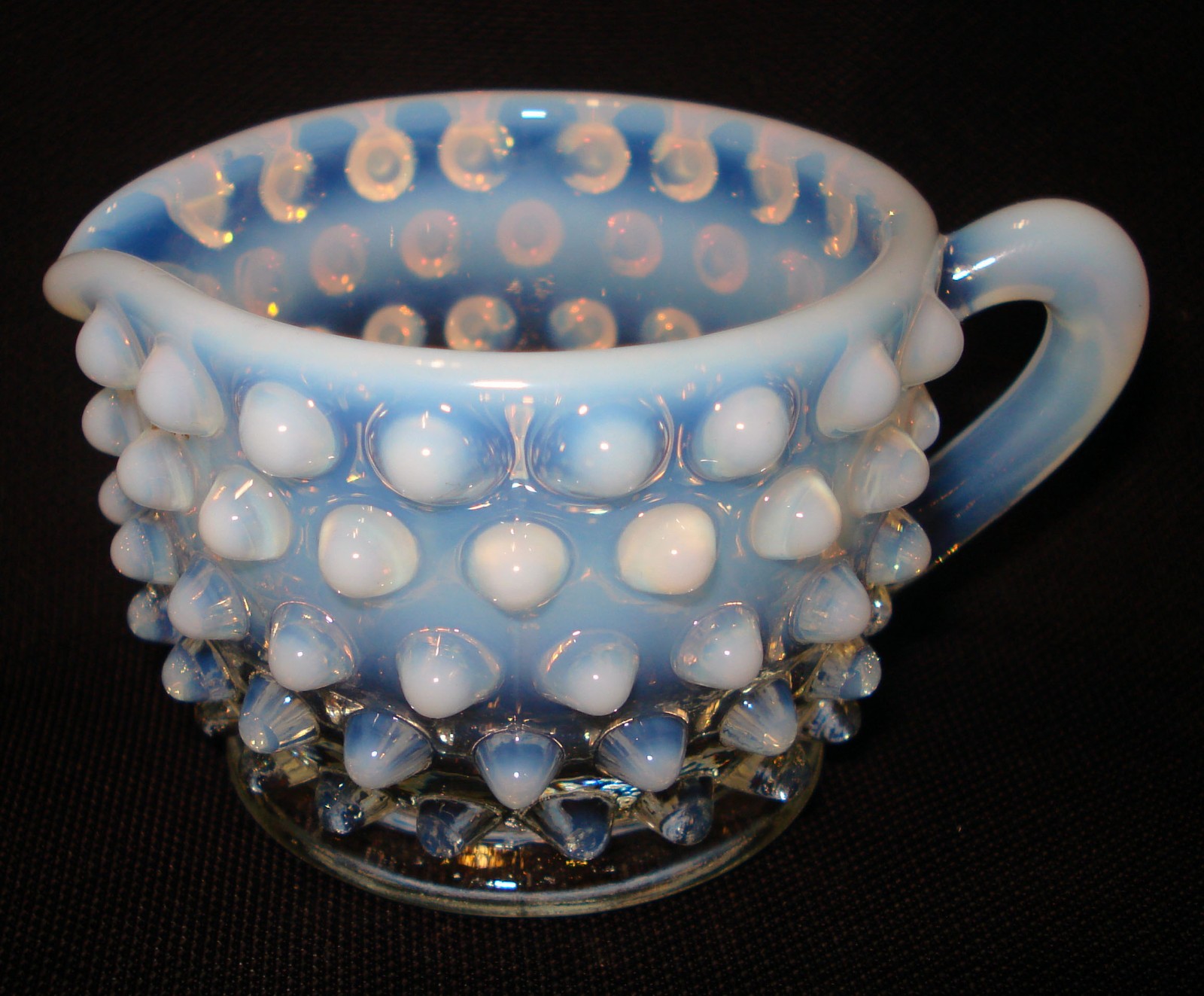 Vintage Fenton French White Opalescent Glass Hobnail Handled Creamer Pitcher Jug