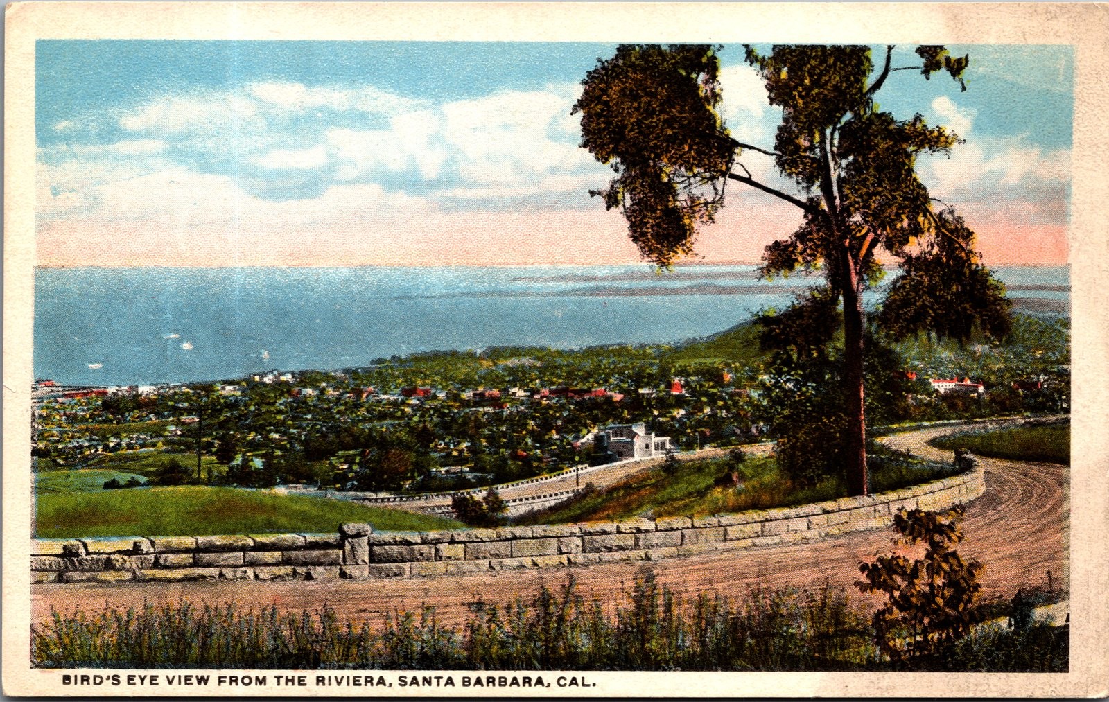 1930s Santa Barbara CA Postcard Bird\'s Eye View Riviera Ocean Scene