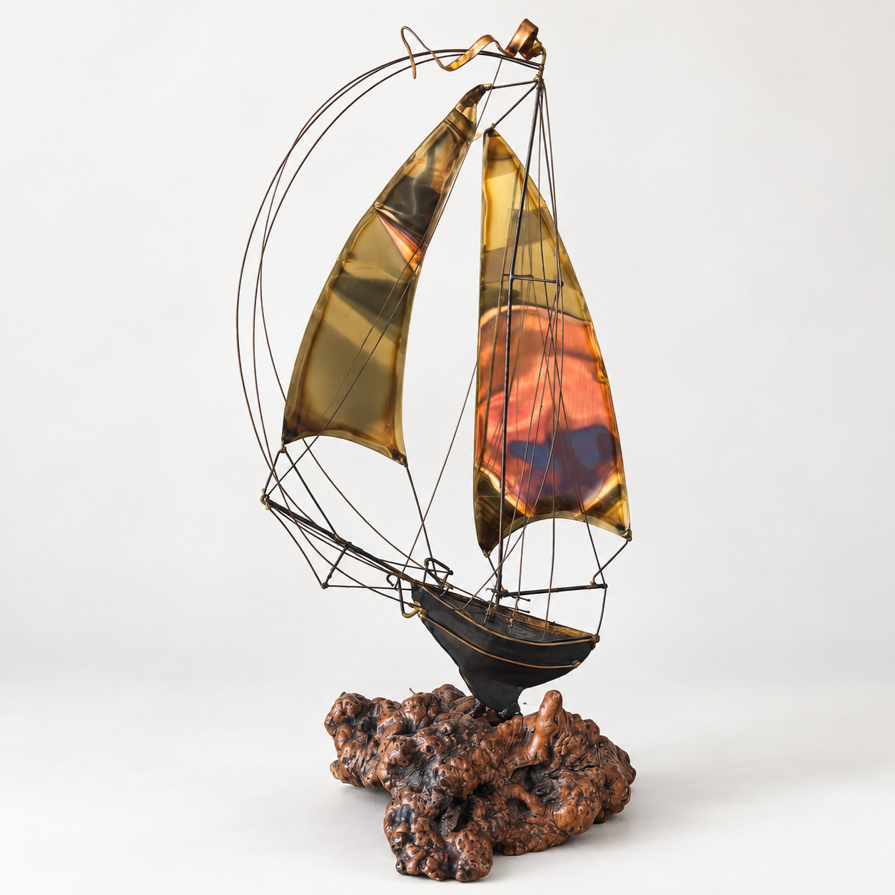 Vintage MCM Metal Sailboat Sculpture Amber Sails Burl Wood Base Vintage MCM Metal Sailboat Sculpture Amber Sails Burl Wood Base