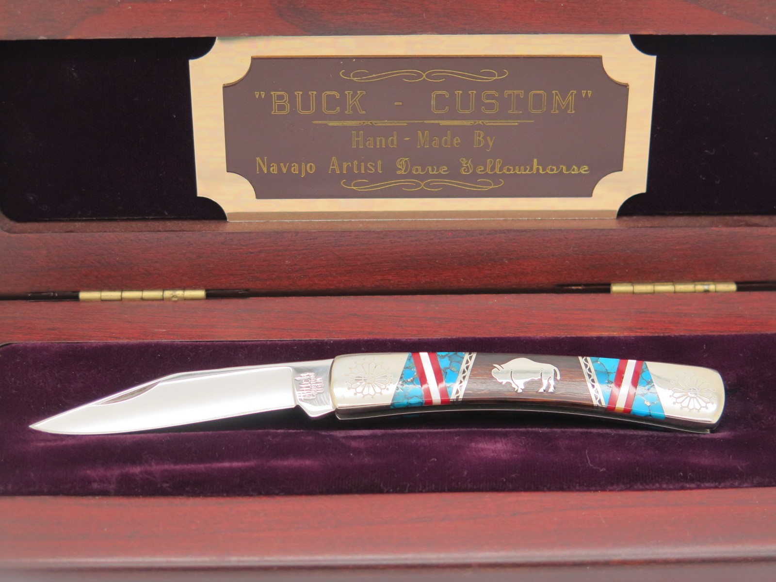 Custom David Yellowhorse Buck 704 Buffalo Inlay Turquoise Folding Pocket Knife Custom David Yellowhorse Buck 704 Buffalo Inlay Turquoise Folding Pocket Knife