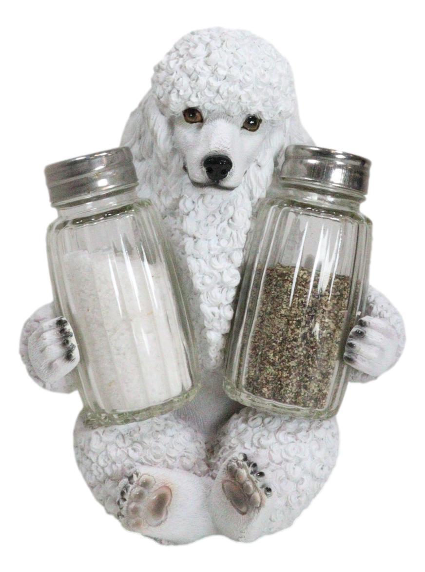 Ebros White French Poodle Puppy Pet Dog Glass Salt And Pepper Shakers Holder Set