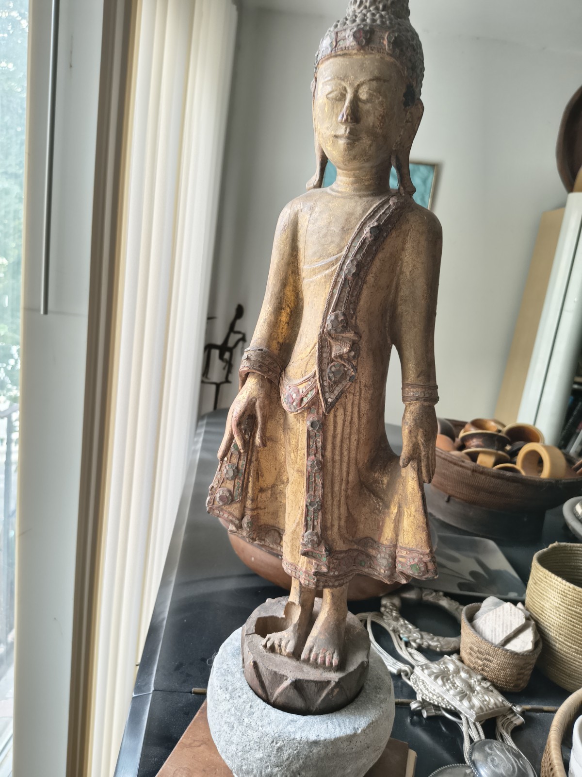 ANTIQUE BURMESE  MANDALAY GILDED WOOD BUDDHA GLASS GEMS TEMPLE 23