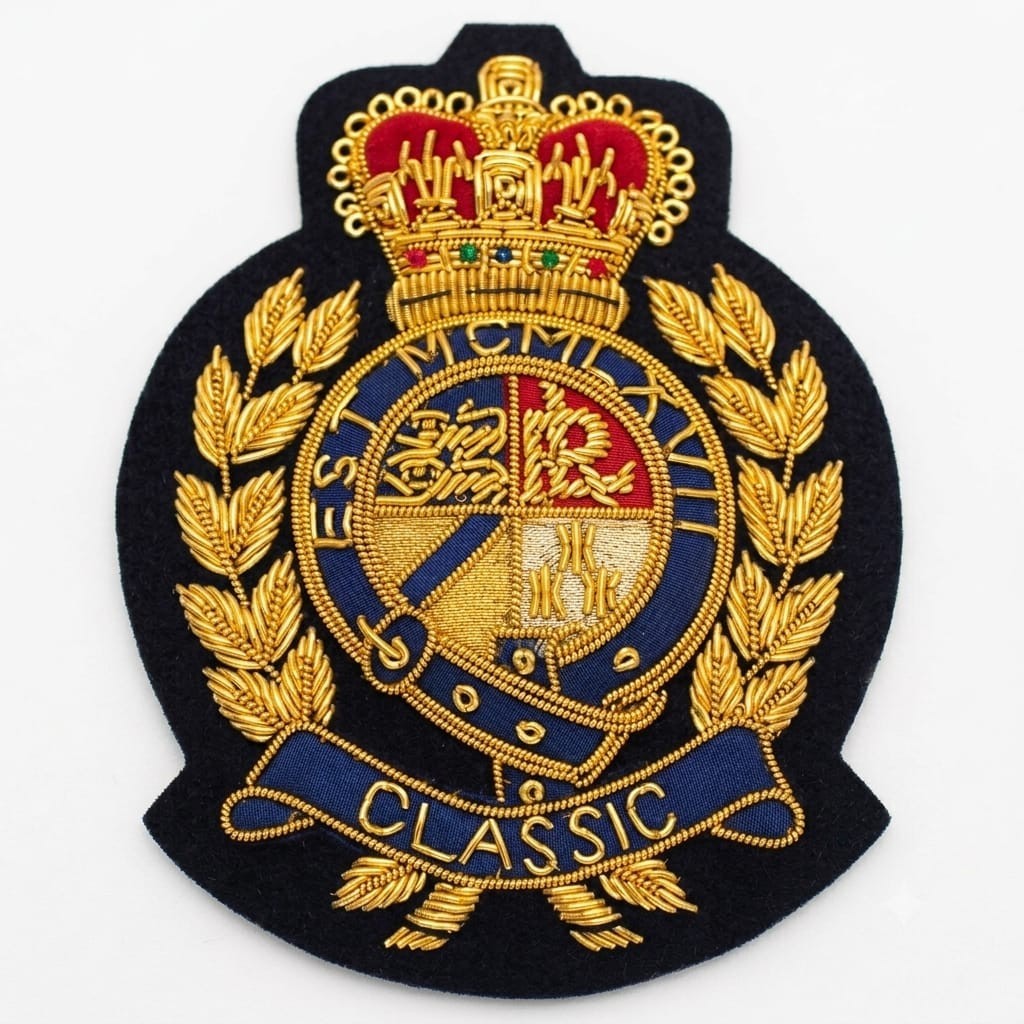 Classic Vintage Bullion Wire Hand Embroidered Crest, Blazer Badge, Royal Patch