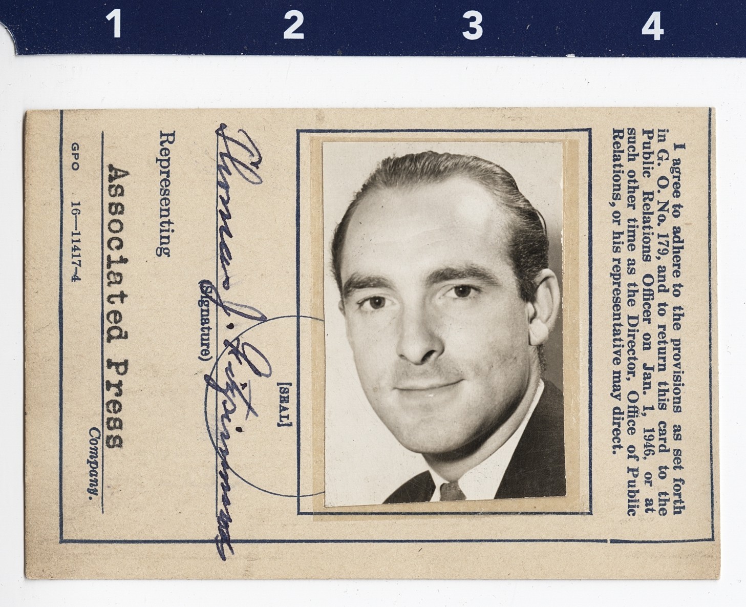 1945 US Navy ID of Associated Press Photographer Thomas Fitzsimmons