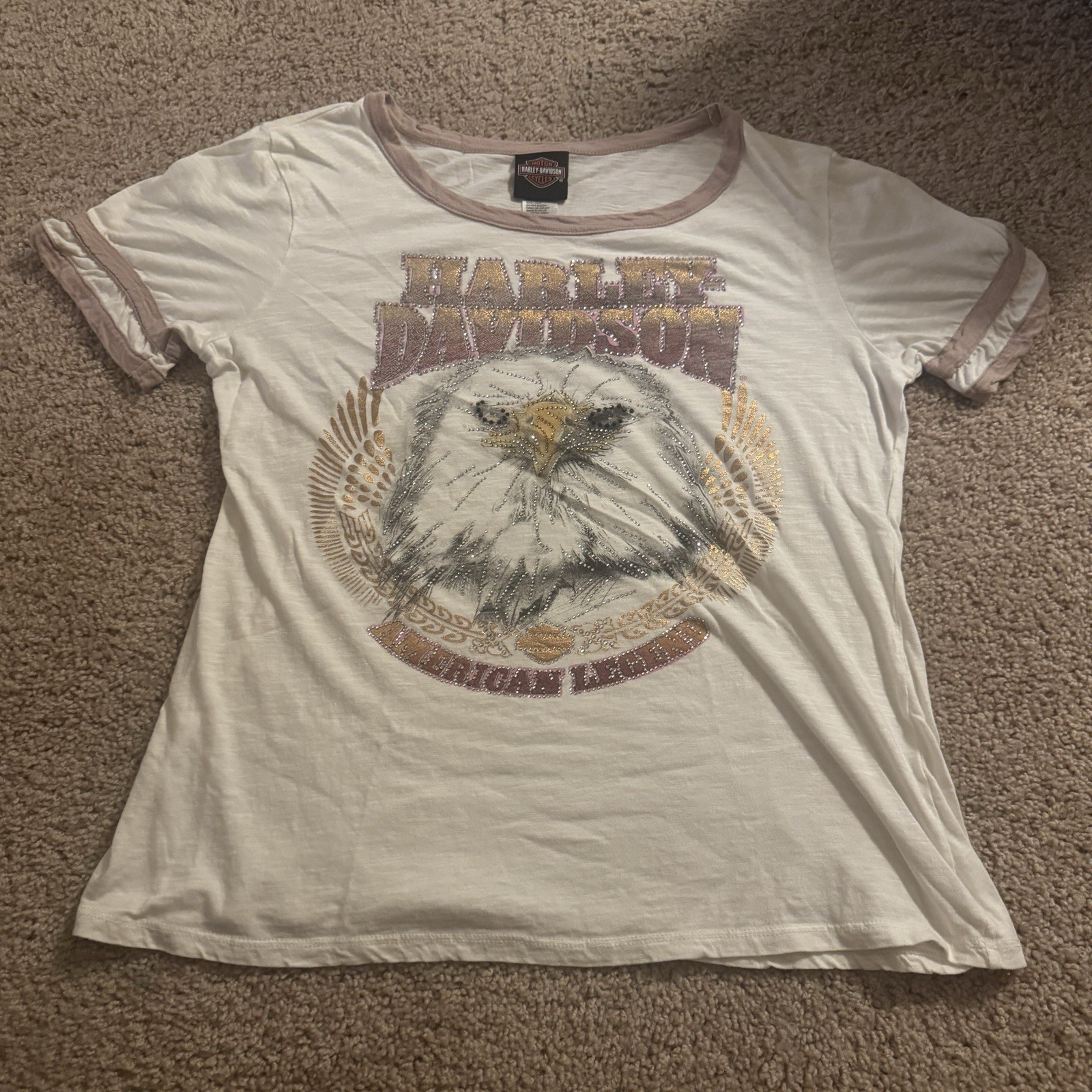 Harley Davidson Womens L Eagle Rhinestone RingerT Shirt Made USA American Legend