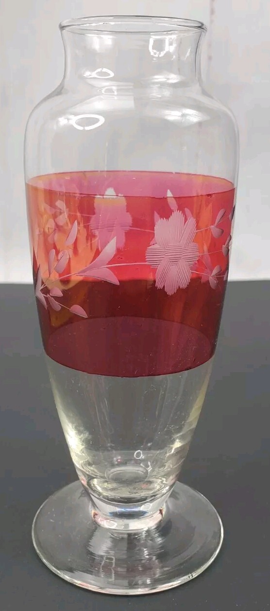 Etched Red Cranberry Flash Glass Vase Vintage Daisies 6.5