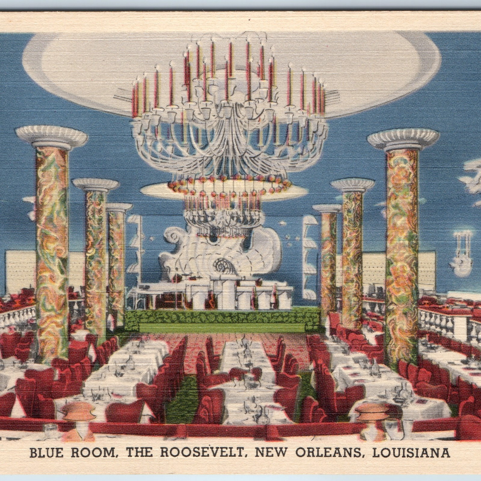 c1940s Blue Room Roosevelt Hotel New Orleans LA Linen Postcard Dining Restaurant