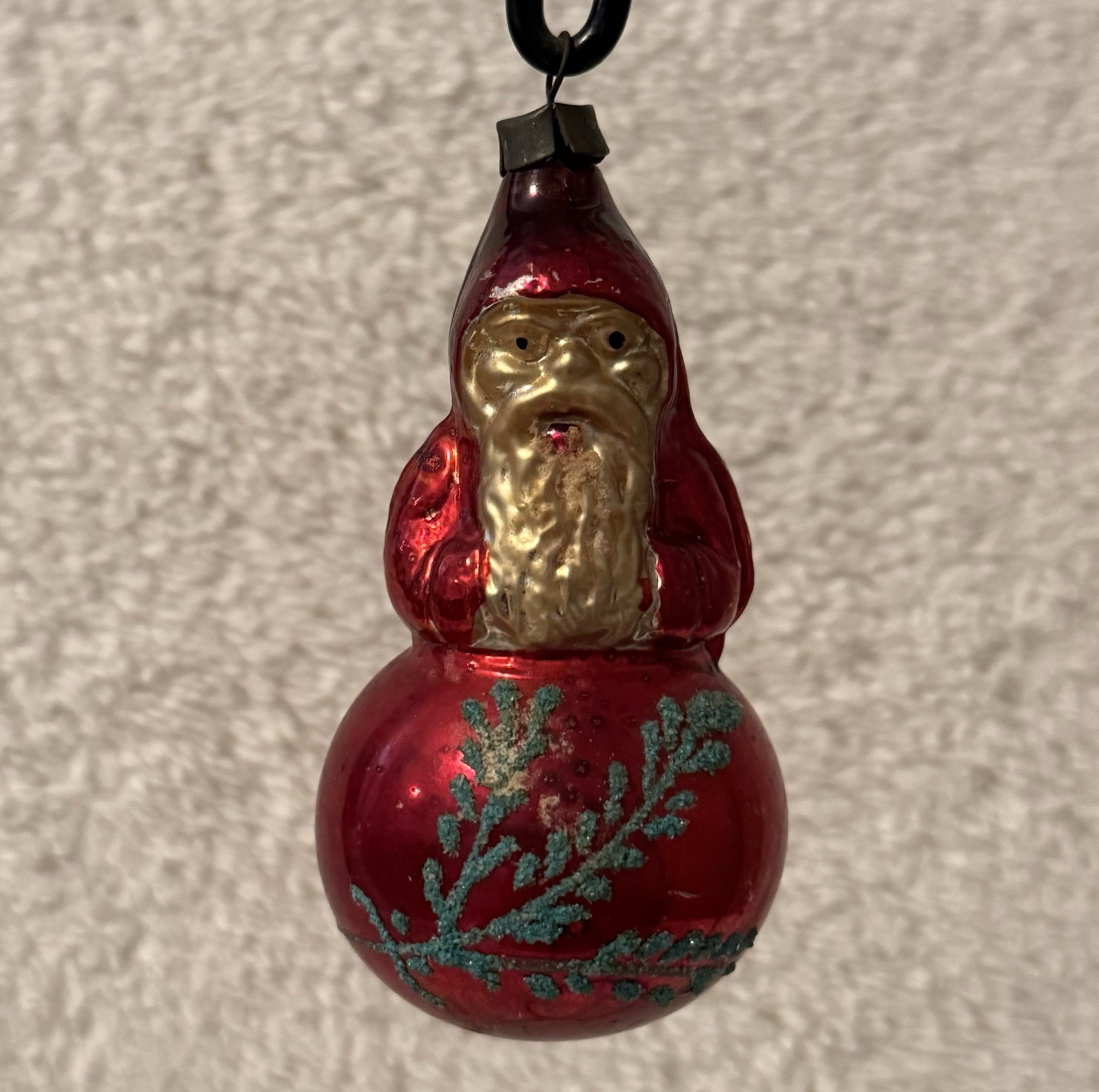 Antique Blue Mica Glass Santa On Ball German Christmas Ornament 3.75”