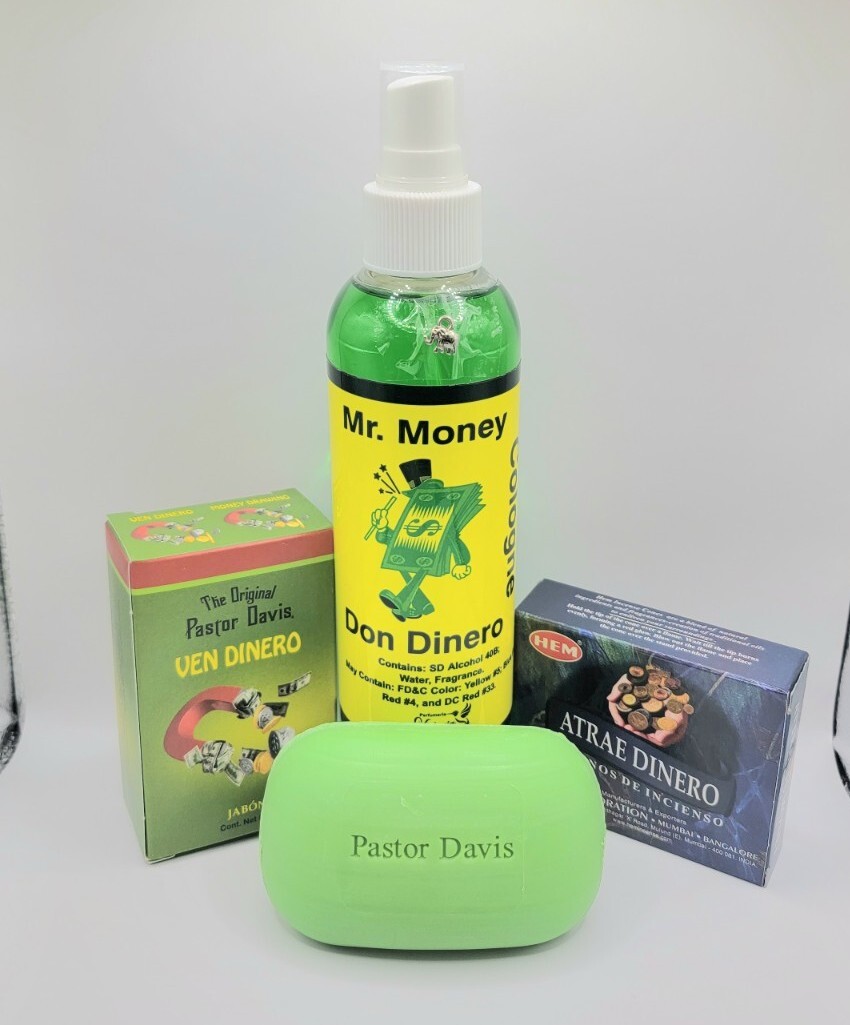 LLAMA DINERO KIT COLONIA,INCIENSO,JABON,AMULETO,ORACION E INSTRUCCIONES INCLUIDA