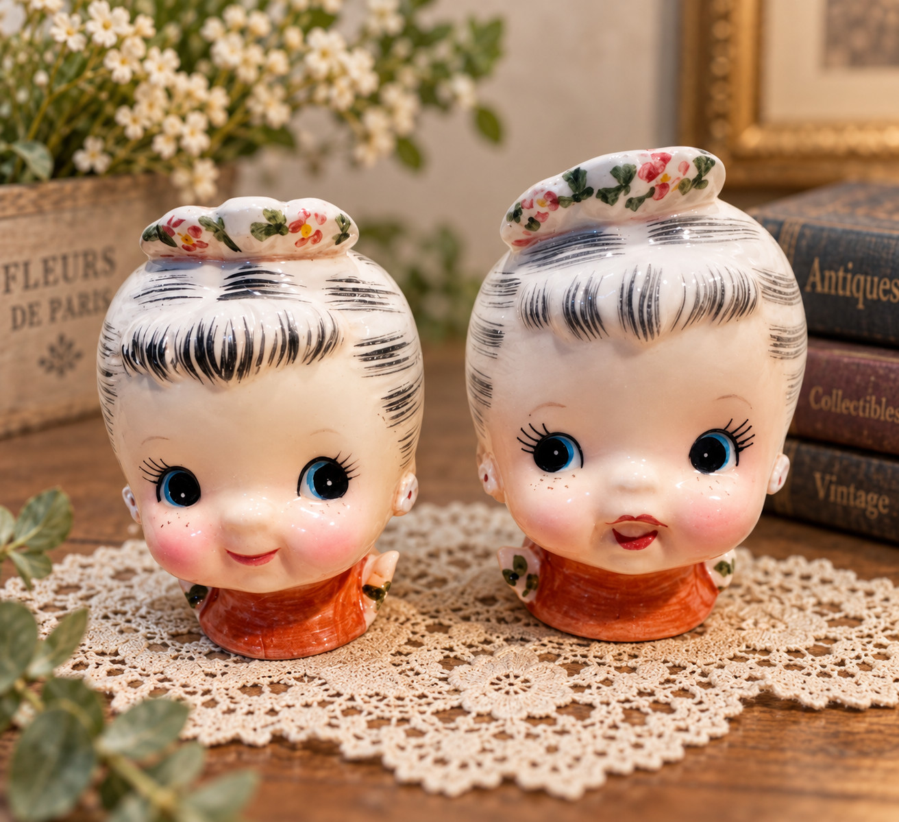 Vintage 1950s Granny Miss Cutie Pie Salt Pepper Shakers Japan Napco Style