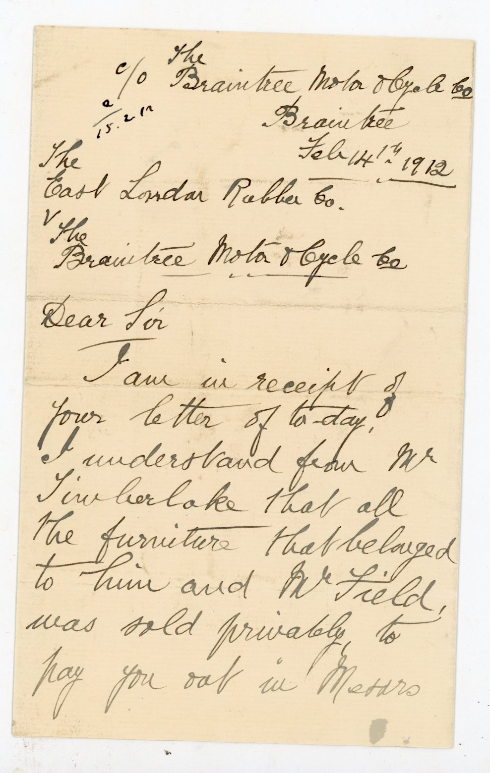 1912 Handwritten Letter Braintree Motor & Cycle Co v East London Rubber Co Essex