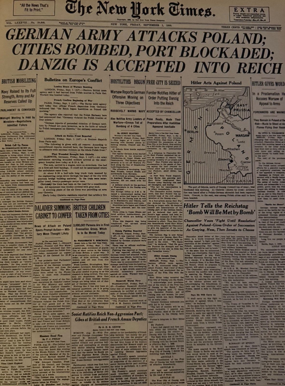 Vintage Germany attacks Poland WW2 Begins Sept 1939 NEW YORK TIMES News Article