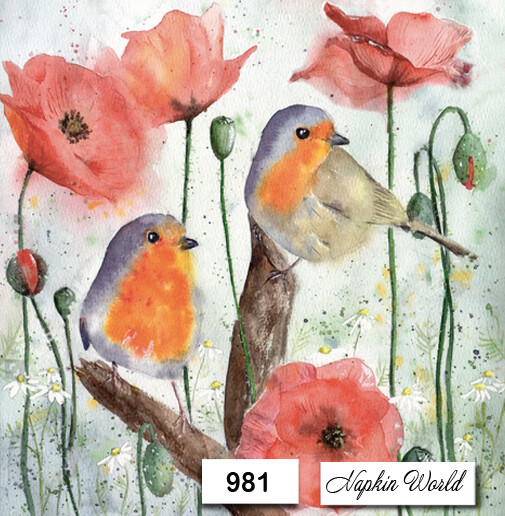 (981) TWO Paper LUNCHEON Decoupage Art Craft Napkins - POPPY POPPIES ROBIN BIRD