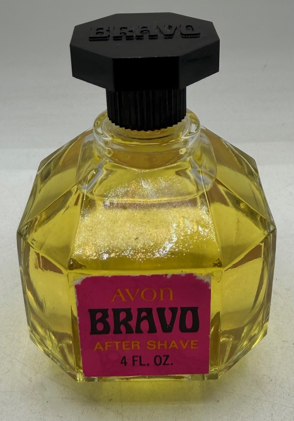 Vintage Avon Bravo After Shave 4 oz Full Faceted Glass Bottle Black Cap No Box