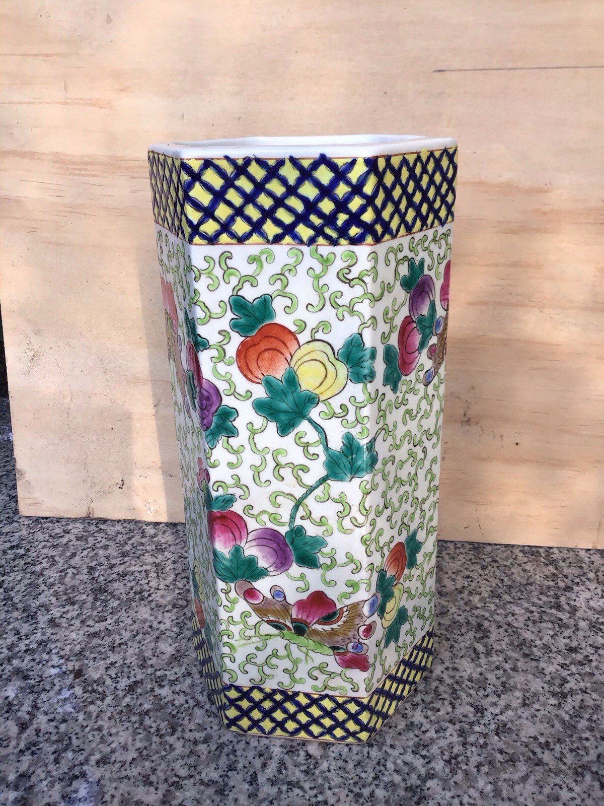 Vtg Chinese 11” Tall Cylinder Butterflys Vase  Da Qing Tongzhi Hand painted