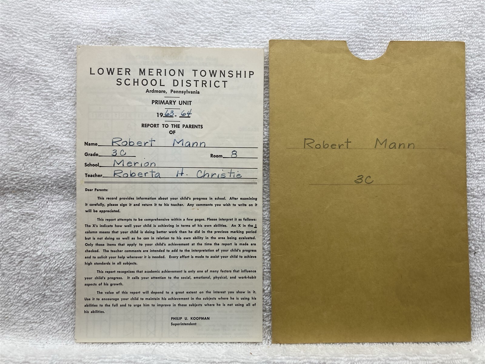 1964 Lower Merion Township School District Elementary Report Card Ardmore PA Vtg