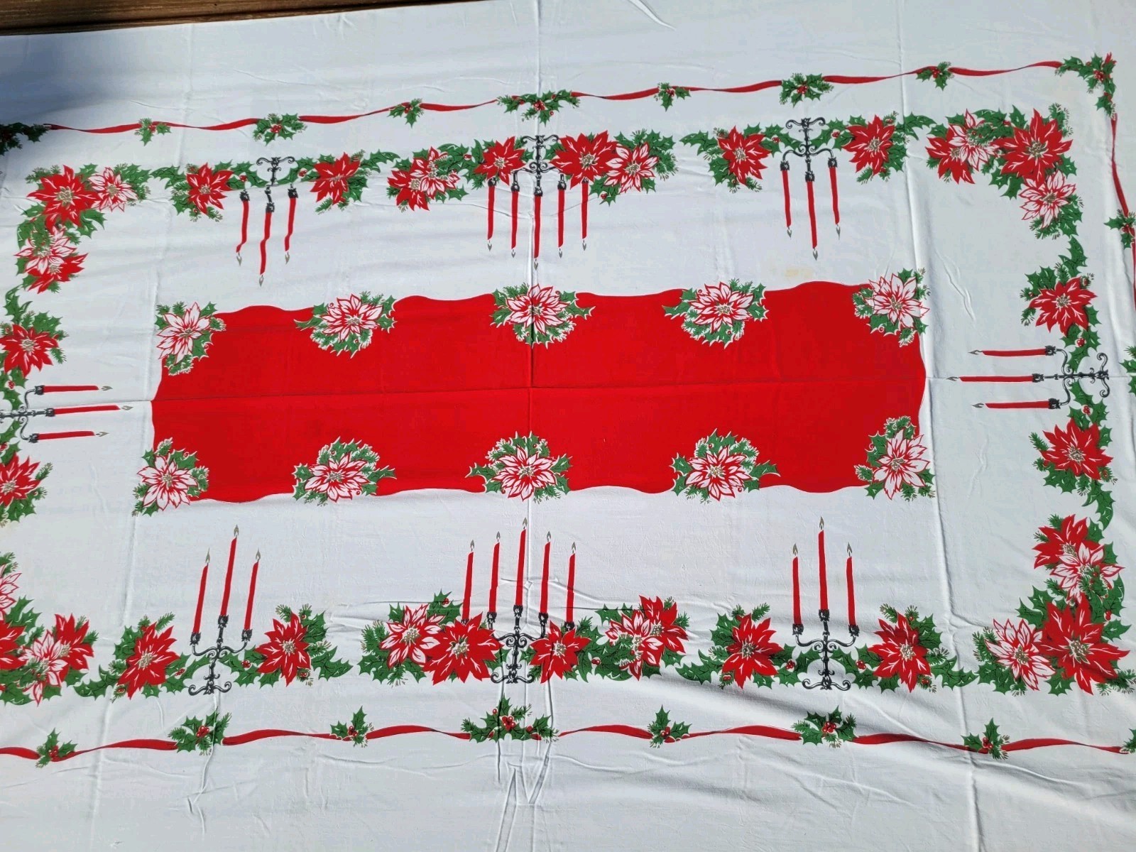 Vtg Holly Berry-Poinsettia Christmas Holiday Cotton Tablecloth- Approx. 95x55\