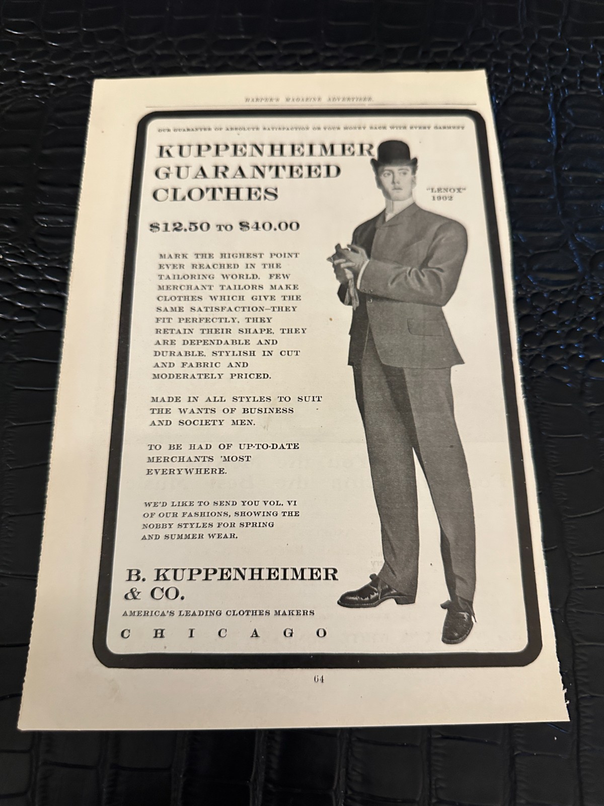 EARLY 1900s MAGAZINE AD #A10-085 KUPPENHEIMER GUARANTEED CLOTHES