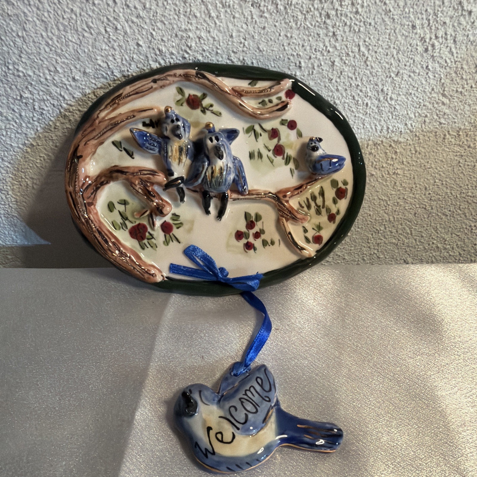 VTG Blue Sky WELCOME Round Hanging Wall Art Ceramic 3D Blue Birds Tree Ornament VTG Blue Sky WELCOME Round Hanging Wall Art Ceramic 3D Blue Birds Tree Ornament