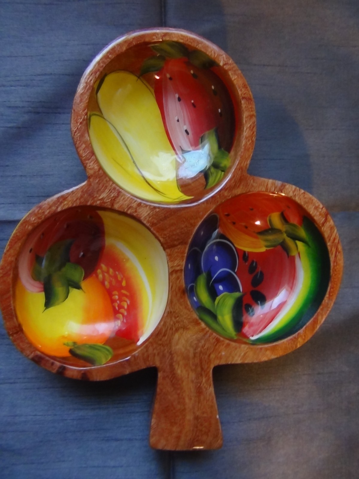 Vintage Hand Carved Hand Painted Clover Shaped Wooden Nut Candy Dish Fruit Theme