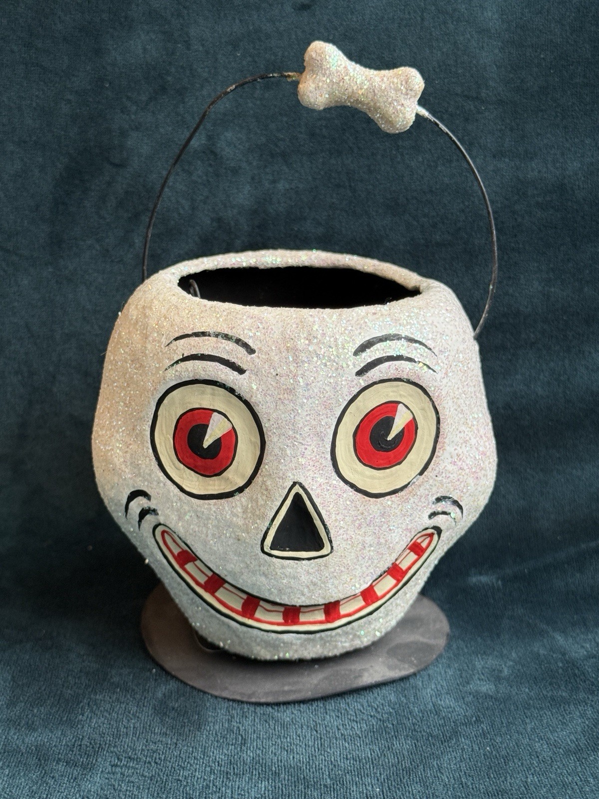 VIntage Dept 56 Paper Mache Spooky Skull Skeleton Halloween Bucket Basket Spooky