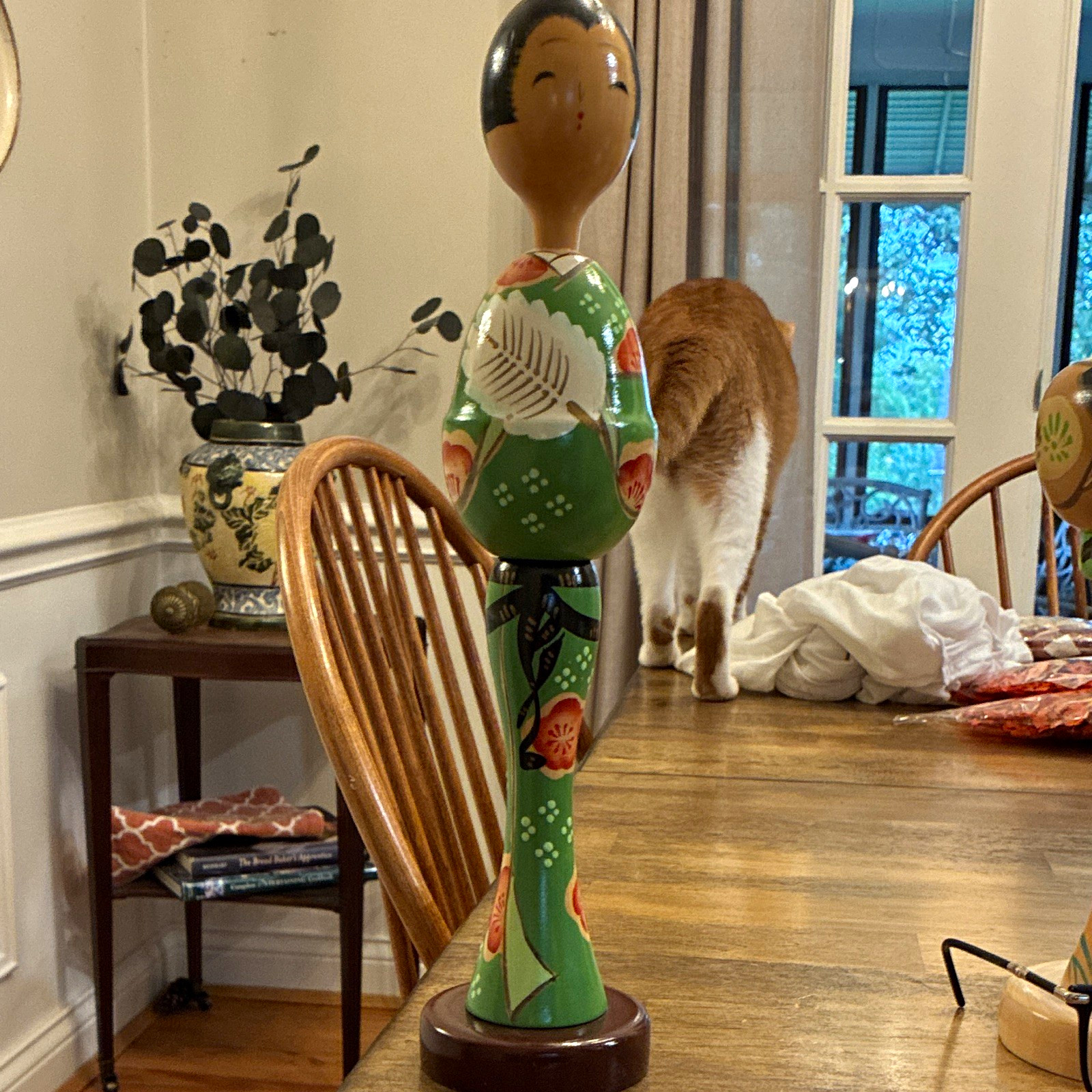 Japanese Kokeshi-Style Wooden Doll Figurine, Hand-Painted Green Floral Kimono
