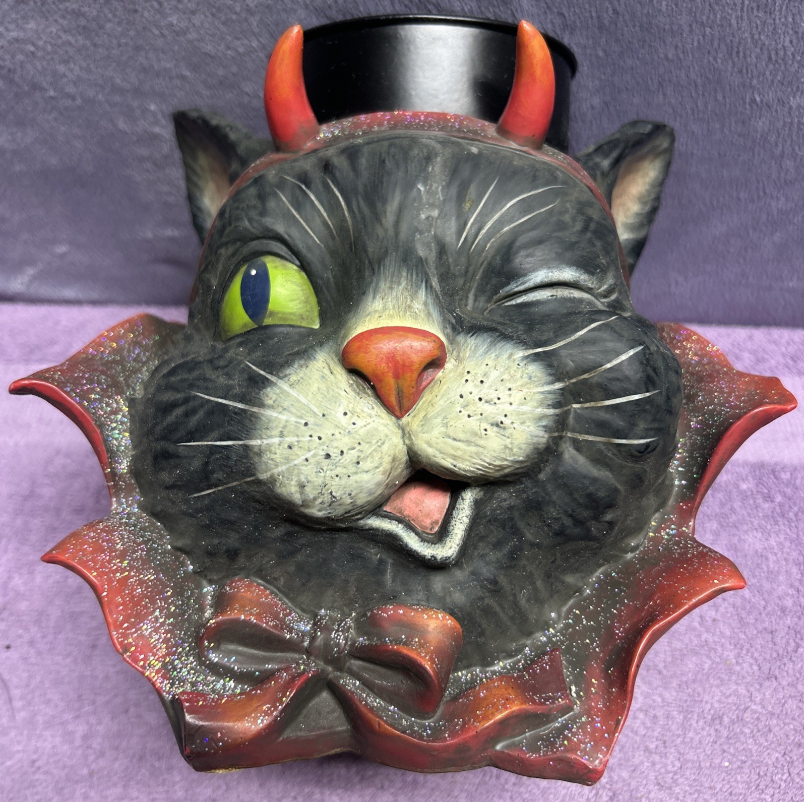 VTG Halloween Winking Black Cat w/ Devil Horns Candle Holder Centerpiece