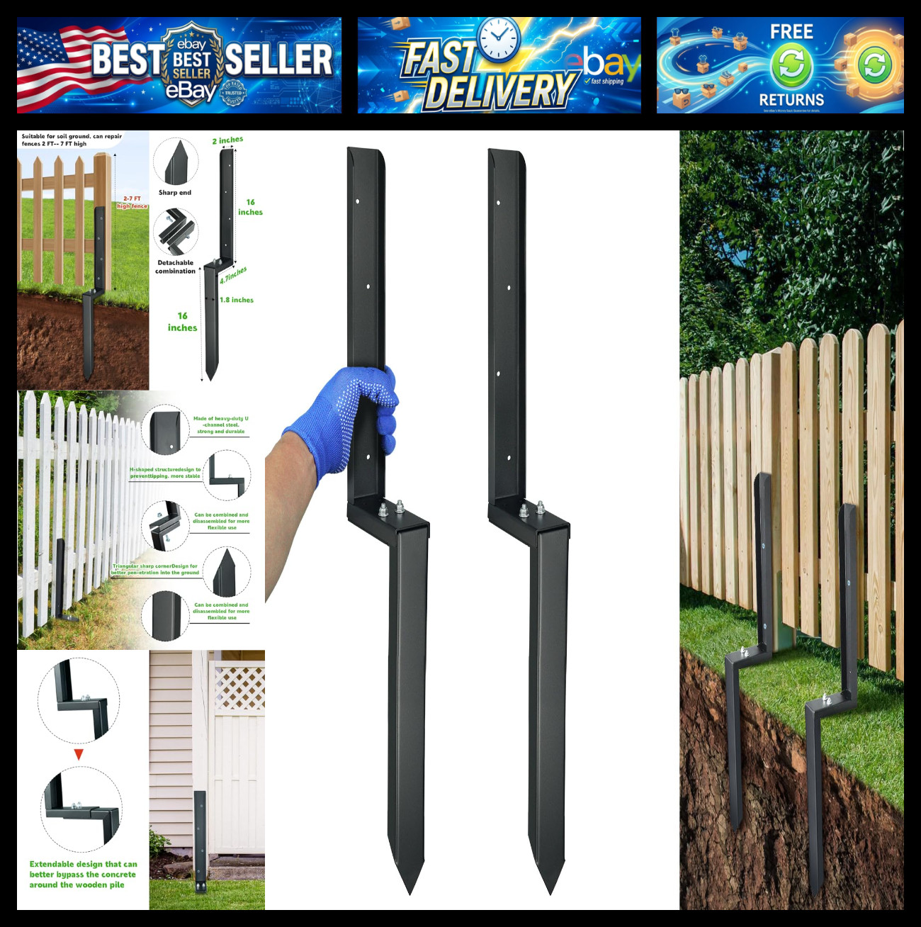 Heavy Duty Steel Fence Post Repair Kit, 32 Inch Long Anchor Ground Stakes for Re