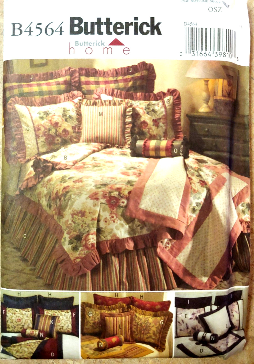 BUTTERICK B4564 Comforter Bed Skirt Throw Sham Full Queen King Pillows Neckrolls