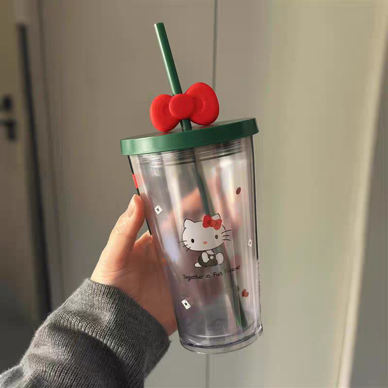 NEW Starbucks X Hello Kitty 16 Oz. Cold Water Plastic Straw Tumbler W/ Cute Bows
