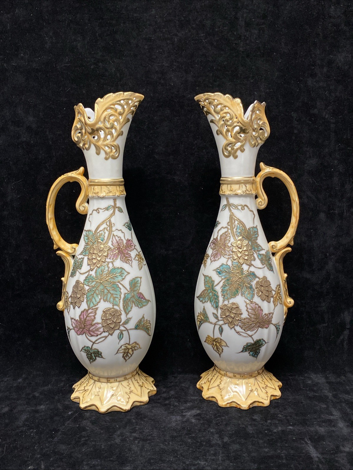 Pair Lot andrea by sadek hand painted gold trim pitcher vase Ewer Embossed L5 Pair Lot andrea by sadek hand painted gold trim pitcher vase Ewer Embossed L5