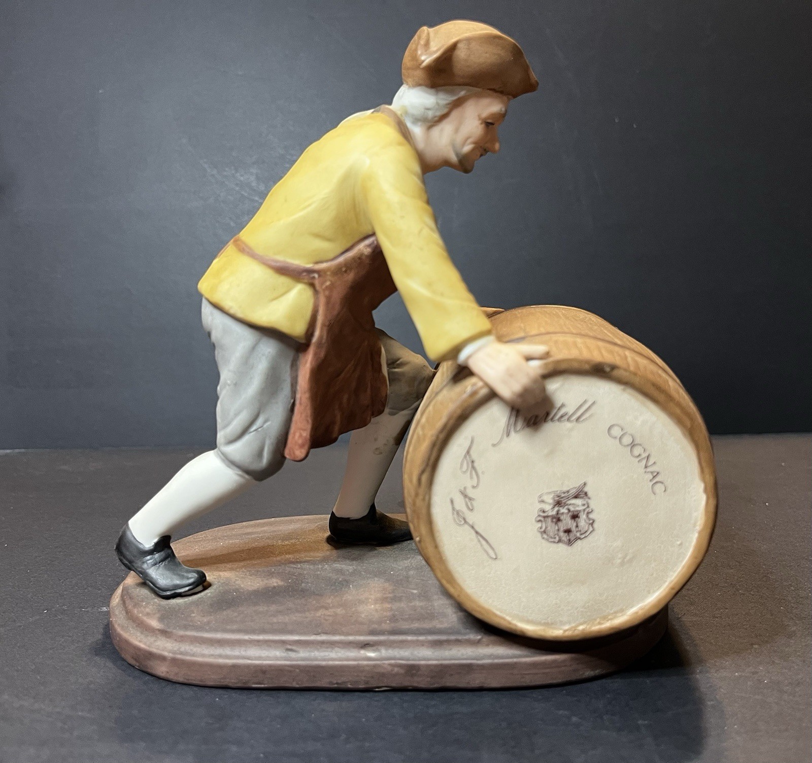 VTG  J & T Martell Cognac Barrel w/ Colonial Man Figurine Porcelain Advertising