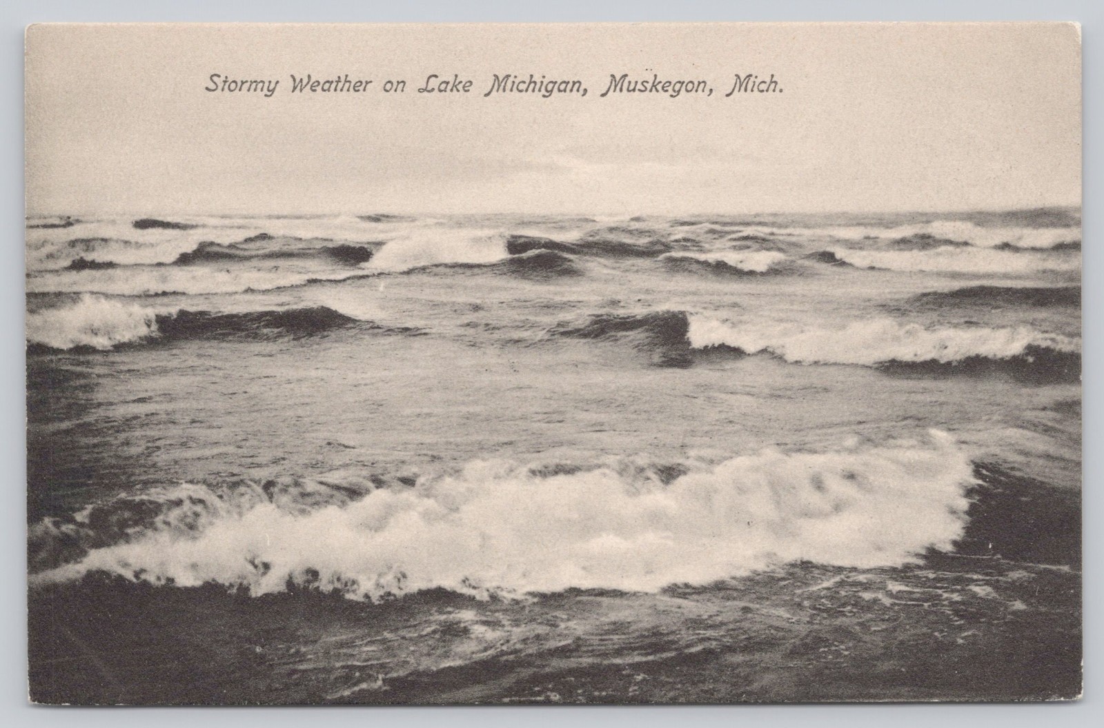 Muskegon MI Michigan, Stormy Weather on Lake Michigan, 1910s Postcard, Unposted