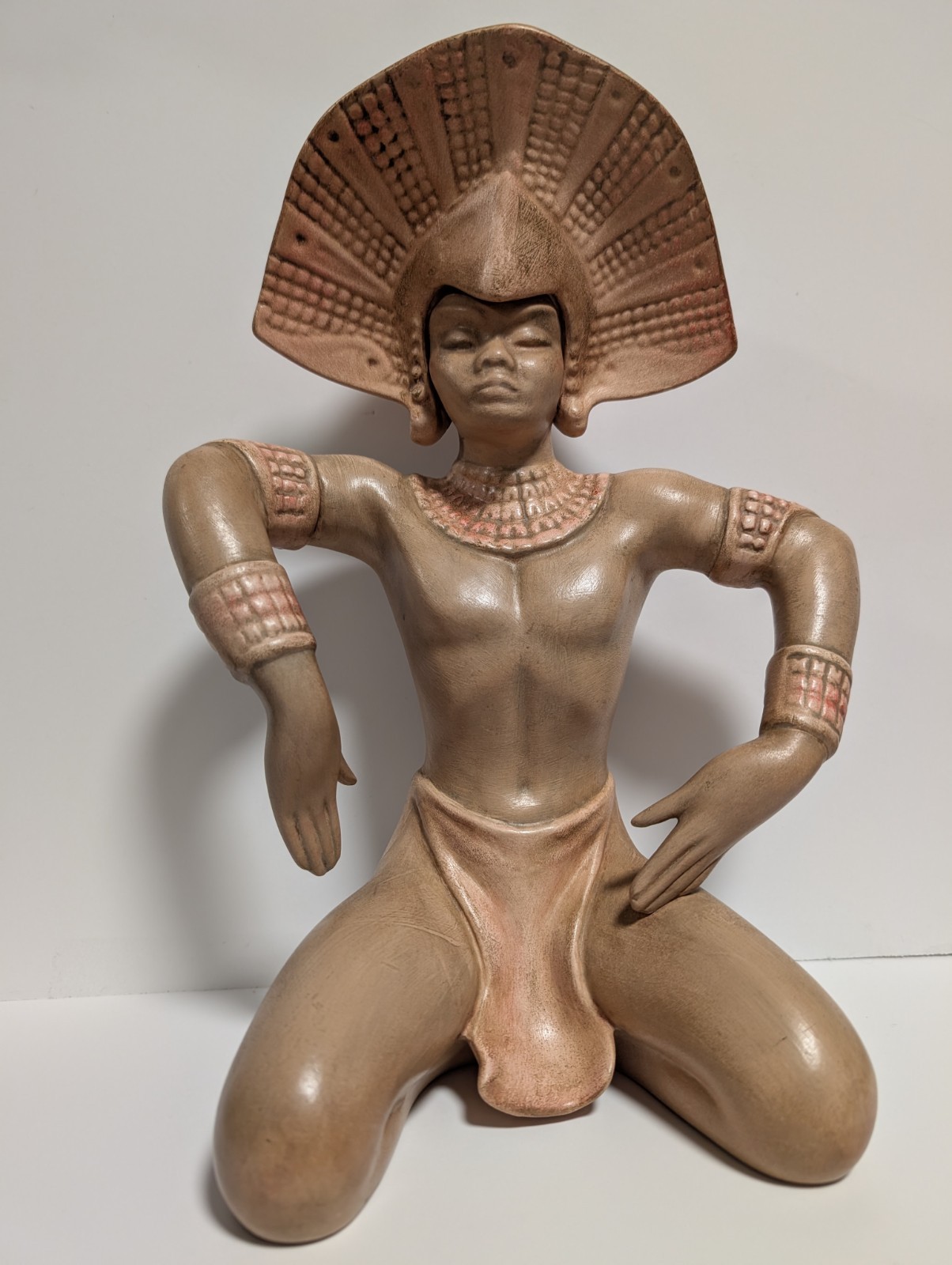 Vintage Mid Century Ceramic Aztec Mayan Warrior Statue signed RaAnn 12.5
