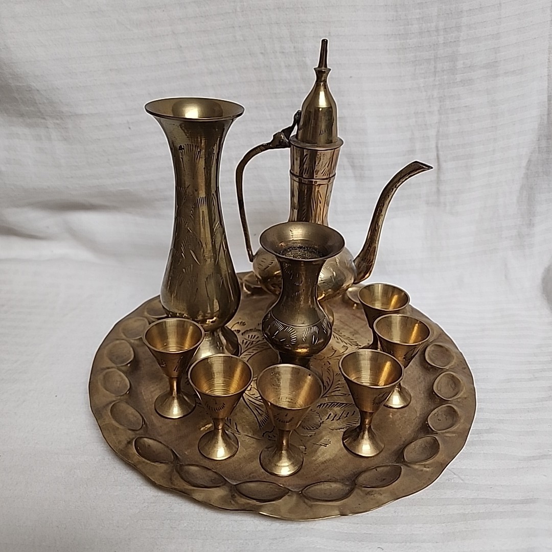Vtg Brass Turkish Embossed Tea Set 6 Goblets India Teapot Tray Vase Hand Hamered