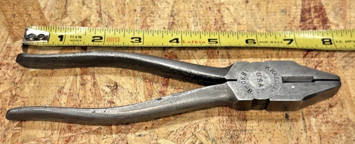 VERY NICE Vintage KRAEUTER 8 Inch Linesman Pliers w/ Side Cutters No. 1830-8 USA