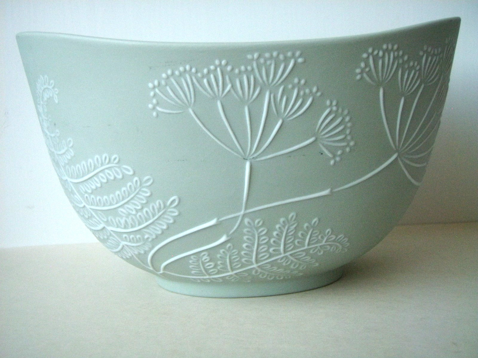 Langenthal Swiss Porcelain Oval Celadon Bowl Pâte-sur-Pâte White Floral Decor