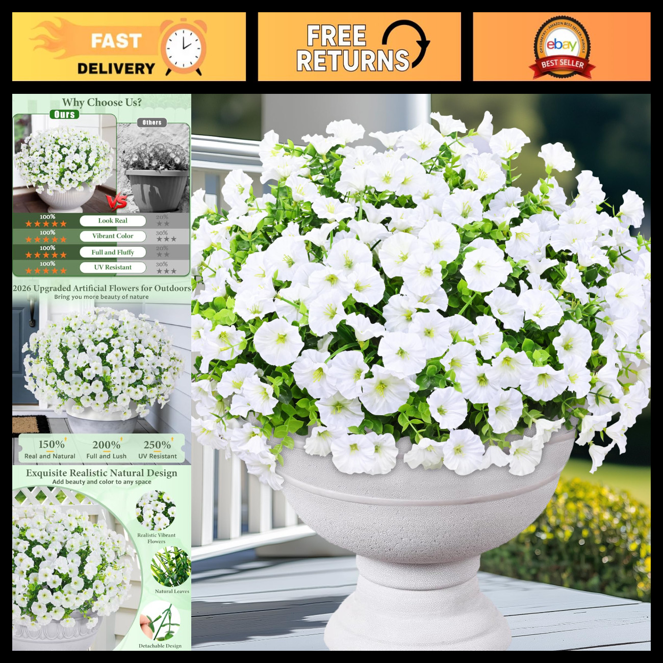 14 Bundles Artificial Flowers for Outdoors, White Fake Outdoor Flowers