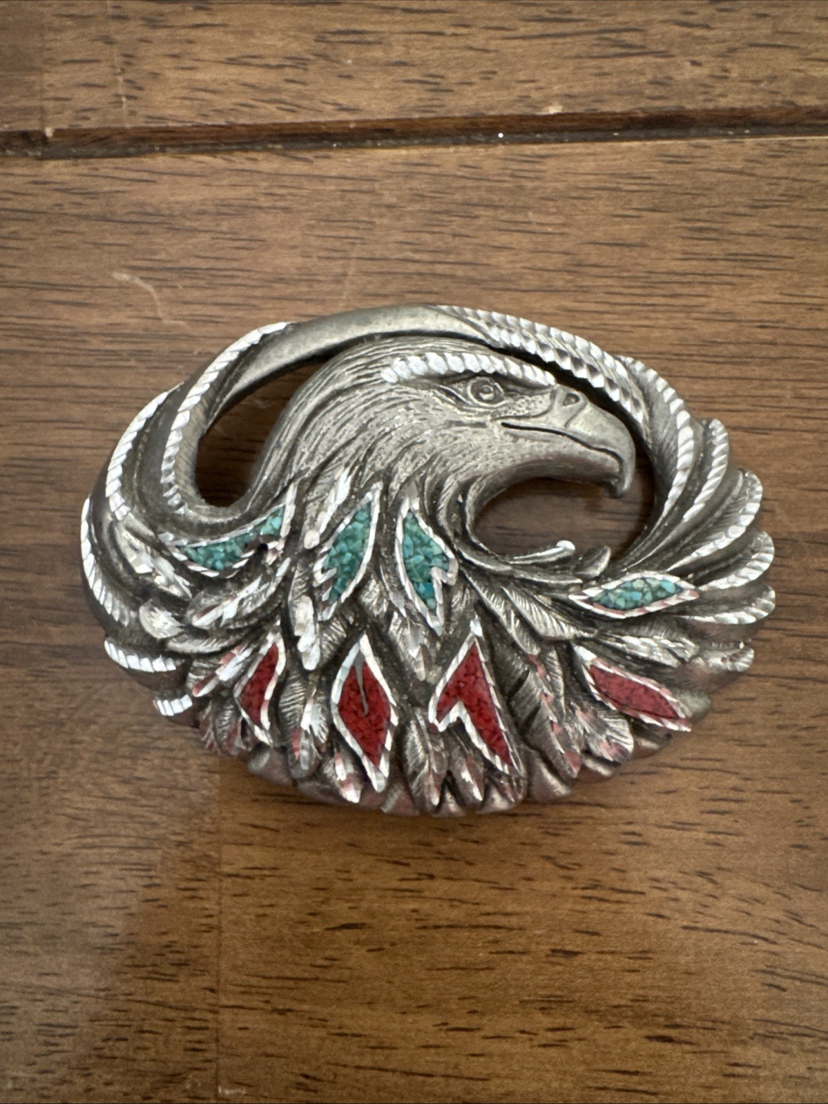 Vintage EJC Southwestern Eagle Belt Buckle - Crushed Turquoise & Coral Inlay