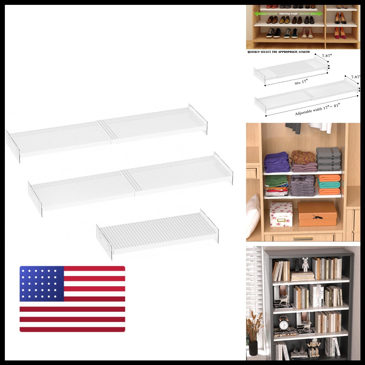 SlimmKISS Expandable Closet Tension Shelves, 3 Packs Metal Storage Racks
