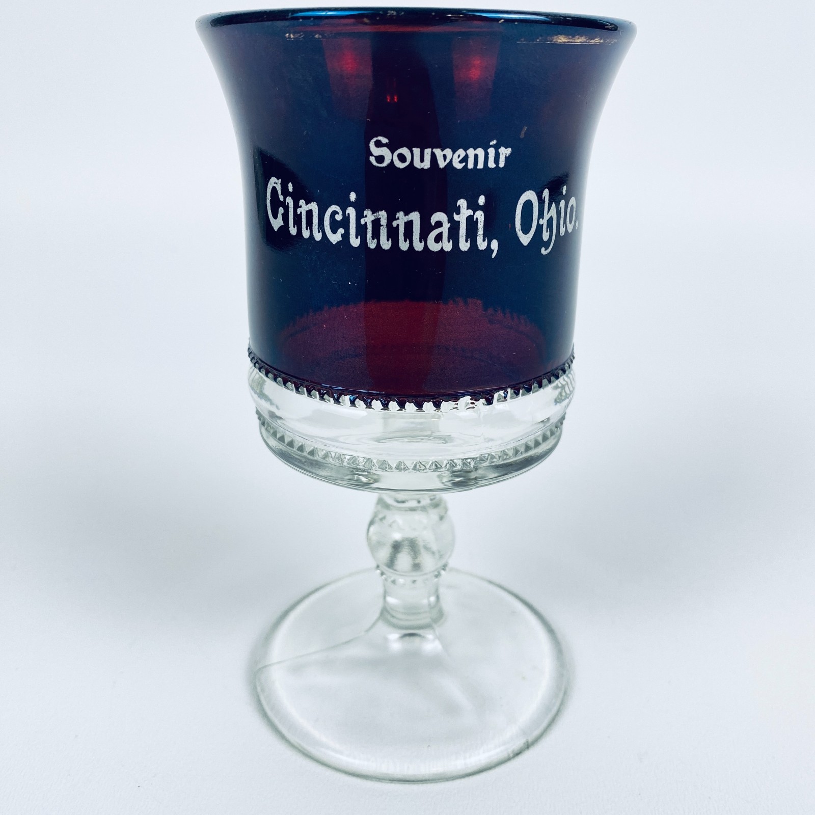 Vintage Ruby-Stained Souvenir Pressed Glass Cincinnati Ohio Mini Stemmed Goblet