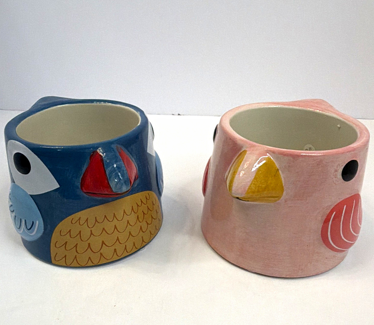 Ceramic Bird Figural small planters Blue & Pink Decorated, Set of 2. 3\