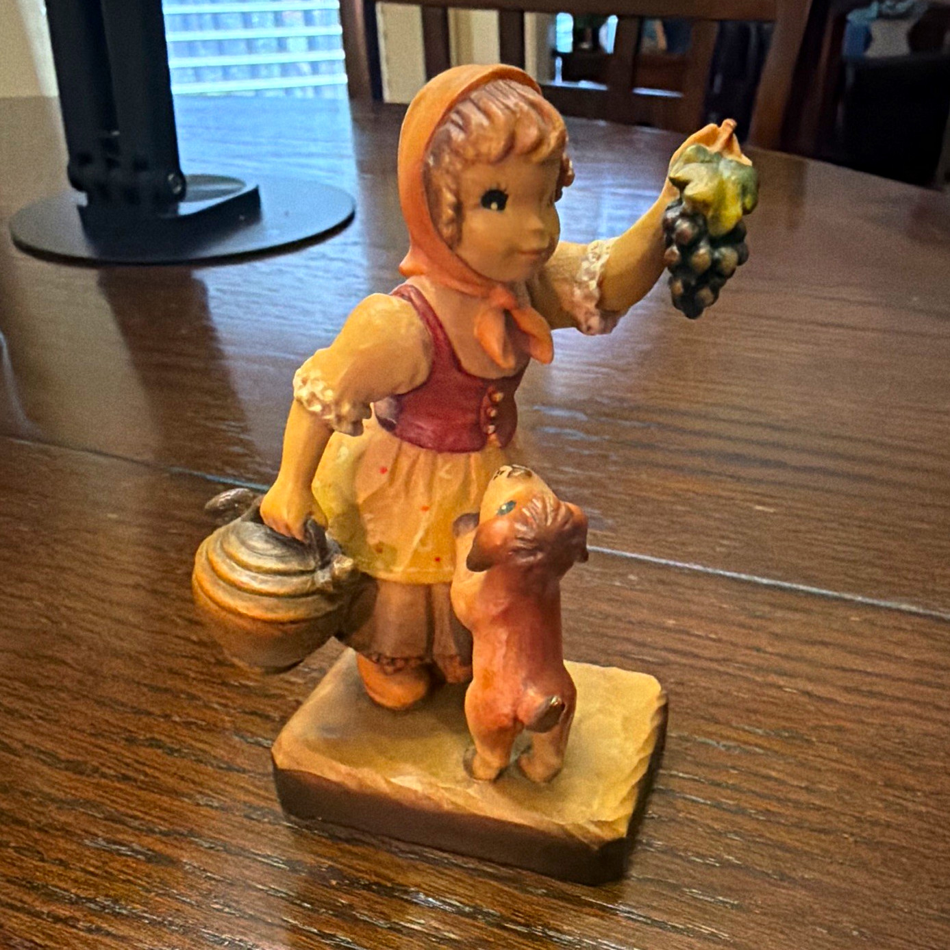 ANRI Club ANRI Wooden Hand-Painted Carved Figurine Girl with Dog, 1950s
