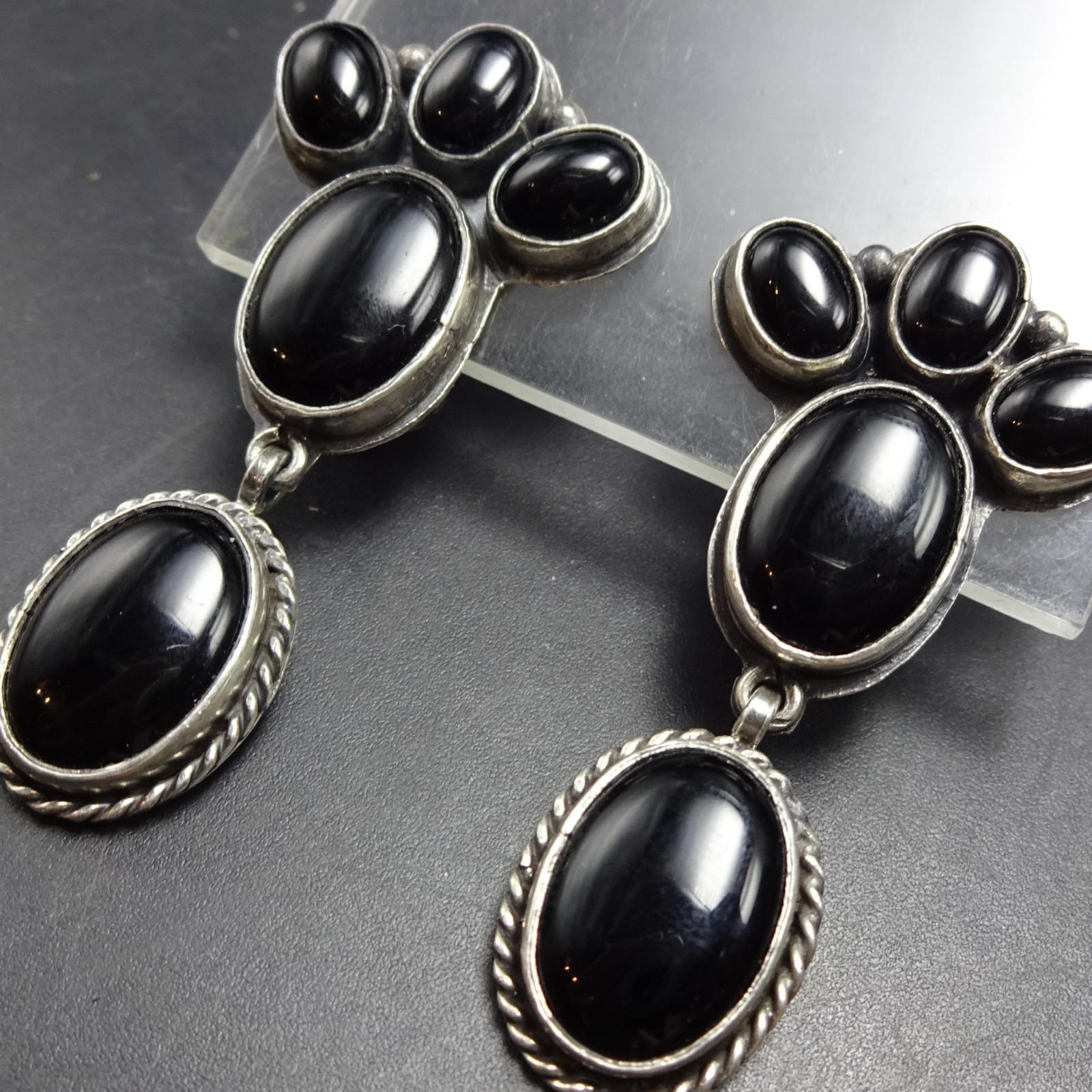 Elegant FEDERICO JIMENEZ Sterling Silver BLACK ONYX Cluster Clip On EARRINGS