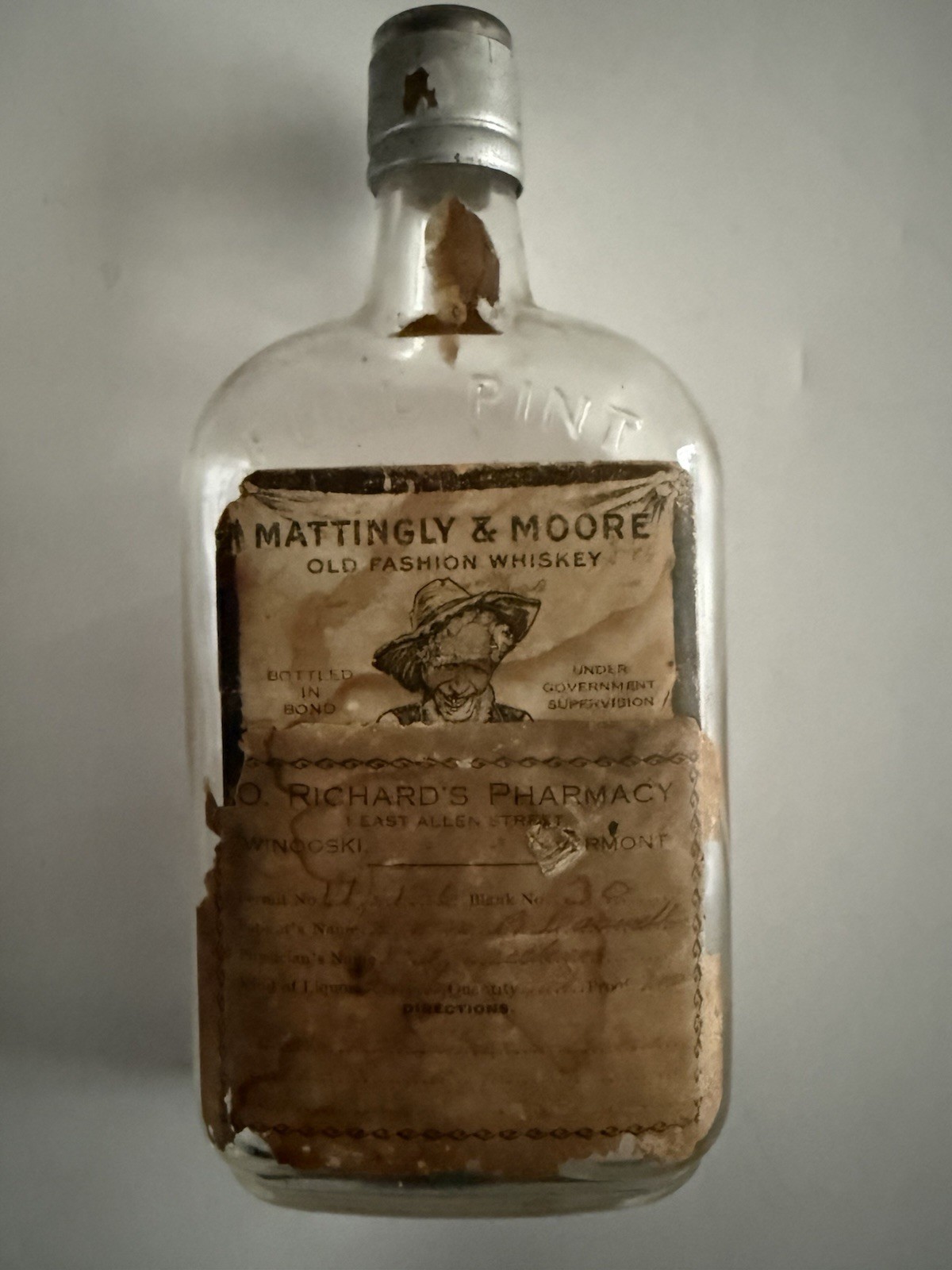 Mattingly & Moore Old Fashion Whiskey Pint Clear Bottle O. Richard\'s Pharmacy