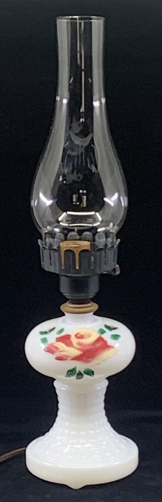 VINTAGE HURRICANE TABLE LAMP MILK GLASS HAND PAINTED CHIC ROSE HOBNAIL ELECTRIC 