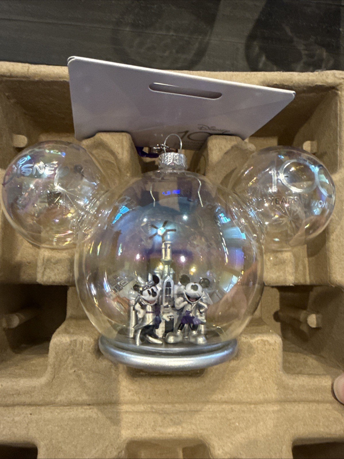 DISNEY 100th Anniversary Mickey and Minnie Castle Icon Glass Ears Ornament